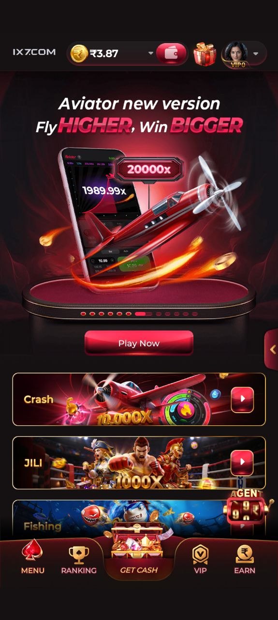 IX7 Game home screen with slots casino poker and aviator games