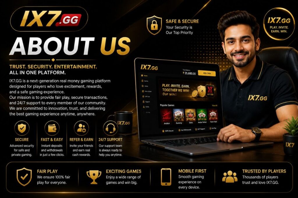 About ix7 page presenting platform overview, secure gaming experience, and user-focused services
