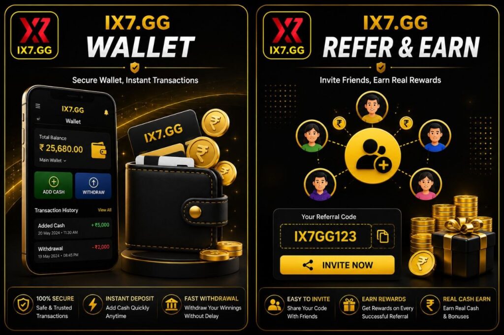 Ix7 wallet dashboard with secure transactions, referral rewards, and account balance features