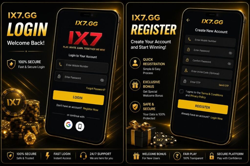 IX7 Game login and registration screen with secure account access, signup bonus, and ix7apk download