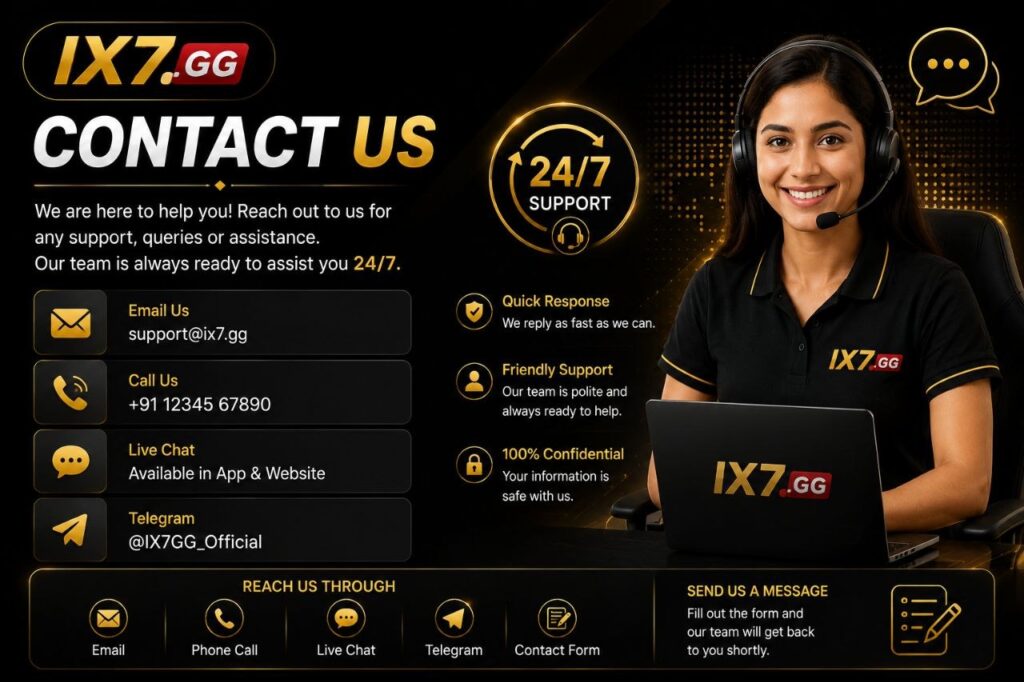 IX7 customer support page with email, live chat, Telegram, and contact information